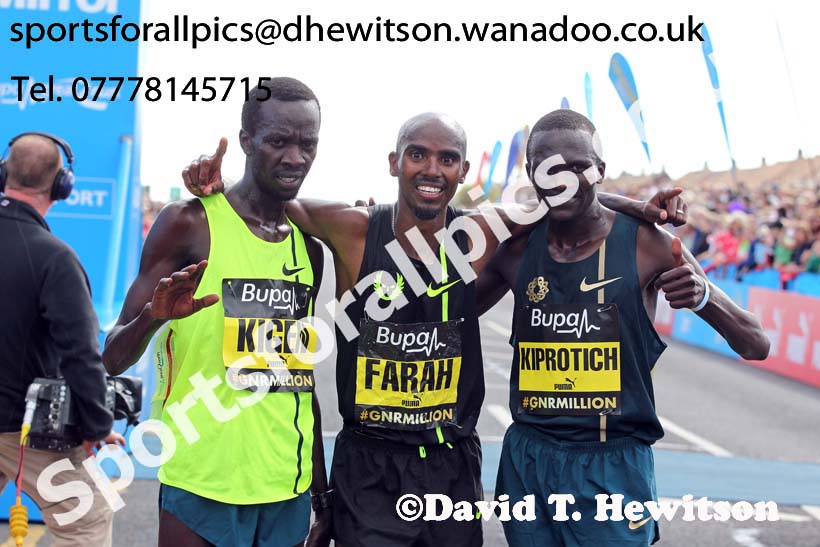 From left to right: 2nd Mike Kigen, winner Mo Farah and 3rd Stephen Kiprotich in the mens 2014 BUPA Great North Run. Photo: David T. Hewitson/Sports for All Pics